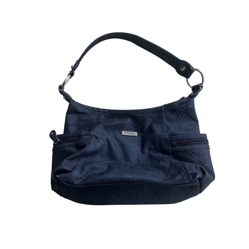 Alfred Dunner Black Faux Leather Hobo Shoulder Bag Multi Pocket Silver Hardware